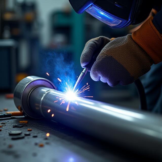 チタン製エキゾーストパイプを精密溶接するメカニックのクローズアップ